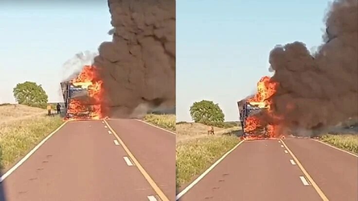 Video: un camión se prendió fuego esta mañana mientras transitaba por una ruta